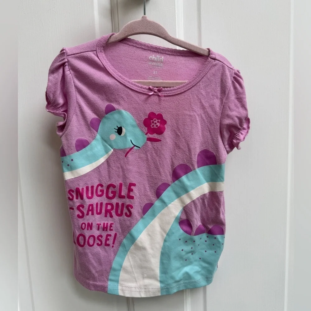 Carter's 3T Girls Pink Snuggle-Saurus Dinosaur Short Sleeve Tee Shirt Pajama Top